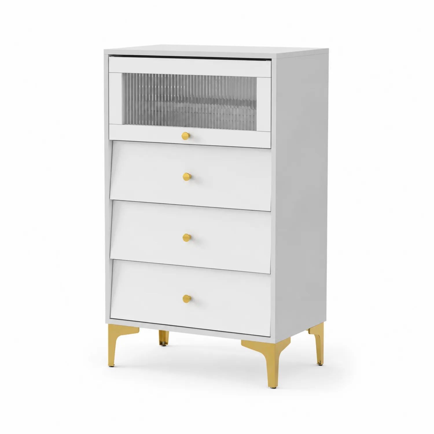 Kommode mit 4 Schubladen und geripptem Glasfach Weiß Gold MDF Stahl