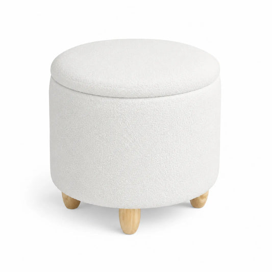 Runder Hocker aus Bouclé-Stoff mit Holzbeinen Weiß ø40cm