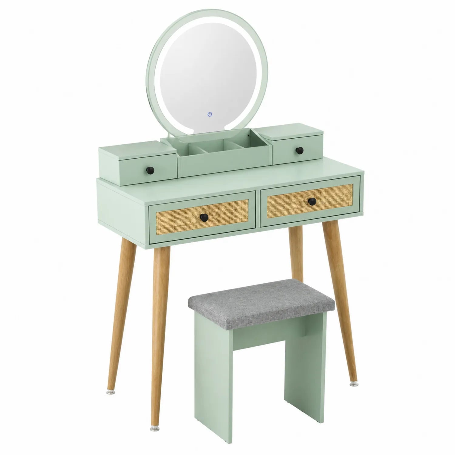 Schminktisch mit Spiegel und Hocker, MDF und Massivholz, Mintgrün