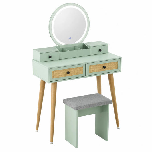 Schminktisch mit Spiegel und Hocker, MDF und Massivholz, Mintgrün