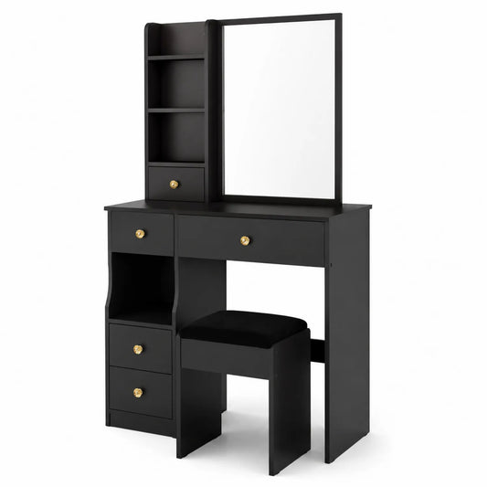 Schminktisch mit Spiegel und Hocker Schwarz Holz